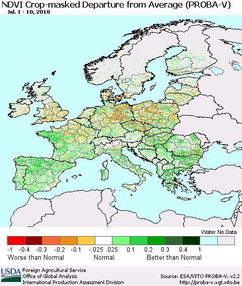 Europe NDVI Crop-masked Departure from Average (PROBA-V) Thematic Map For 7/1/2018 - 7/10/2018