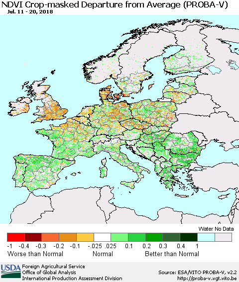 Europe NDVI Crop-masked Departure from Average (PROBA-V) Thematic Map For 7/11/2018 - 7/20/2018