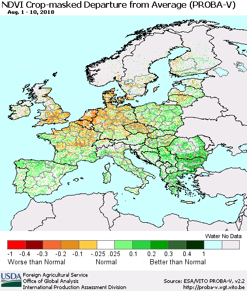 Europe NDVI Crop-masked Departure from Average (PROBA-V) Thematic Map For 8/1/2018 - 8/10/2018