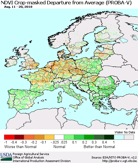 Europe NDVI Crop-masked Departure from Average (PROBA-V) Thematic Map For 8/11/2018 - 8/20/2018