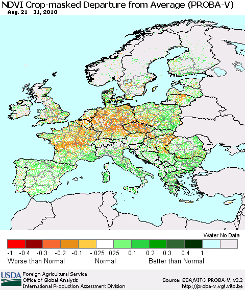 Europe NDVI Crop-masked Departure from Average (PROBA-V) Thematic Map For 8/21/2018 - 8/31/2018