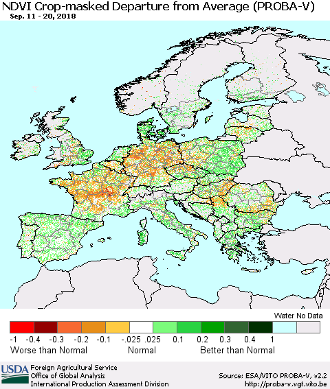 Europe NDVI Crop-masked Departure from Average (PROBA-V) Thematic Map For 9/11/2018 - 9/20/2018