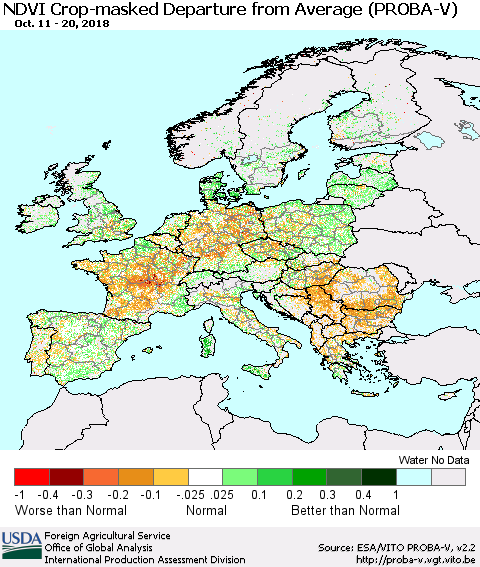 Europe NDVI Crop-masked Departure from Average (PROBA-V) Thematic Map For 10/11/2018 - 10/20/2018