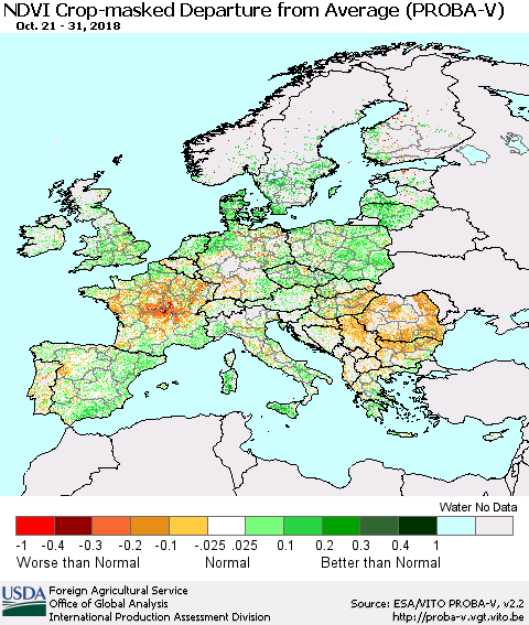 Europe NDVI Crop-masked Departure from Average (PROBA-V) Thematic Map For 10/21/2018 - 10/31/2018