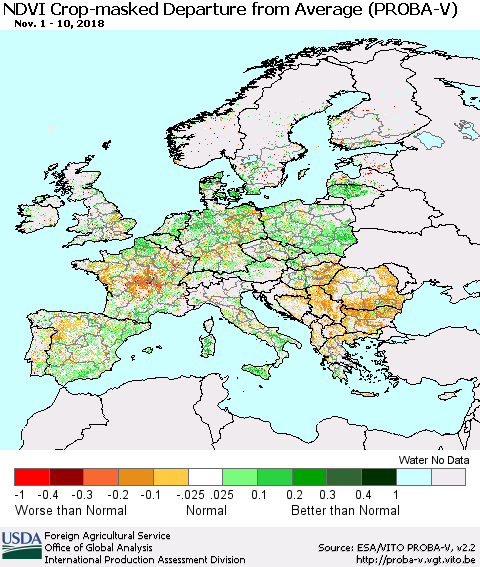 Europe NDVI Crop-masked Departure from Average (PROBA-V) Thematic Map For 11/1/2018 - 11/10/2018