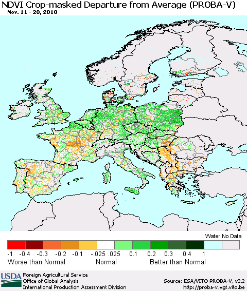 Europe NDVI Crop-masked Departure from Average (PROBA-V) Thematic Map For 11/11/2018 - 11/20/2018