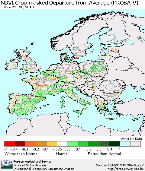 Europe NDVI Crop-masked Departure from Average (PROBA-V) Thematic Map For 11/21/2018 - 11/30/2018