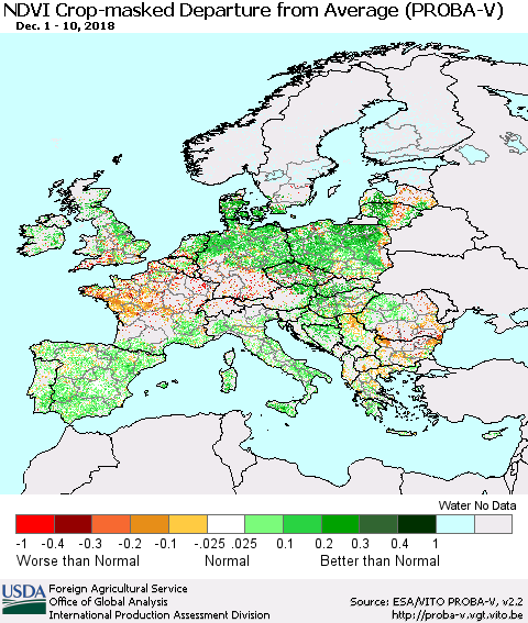 Europe NDVI Crop-masked Departure from Average (PROBA-V) Thematic Map For 12/1/2018 - 12/10/2018