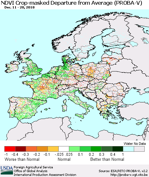 Europe NDVI Crop-masked Departure from Average (PROBA-V) Thematic Map For 12/11/2018 - 12/20/2018