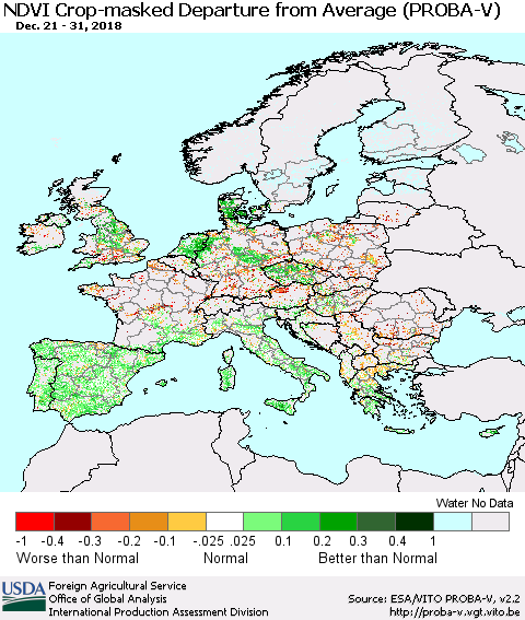 Europe NDVI Crop-masked Departure from Average (PROBA-V) Thematic Map For 12/21/2018 - 12/31/2018