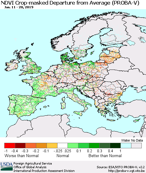 Europe NDVI Crop-masked Departure from Average (PROBA-V) Thematic Map For 1/11/2019 - 1/20/2019