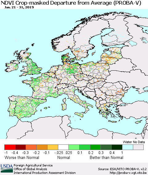Europe NDVI Crop-masked Departure from Average (PROBA-V) Thematic Map For 1/21/2019 - 1/31/2019