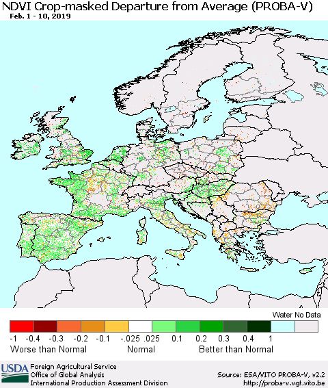 Europe NDVI Crop-masked Departure from Average (PROBA-V) Thematic Map For 2/1/2019 - 2/10/2019