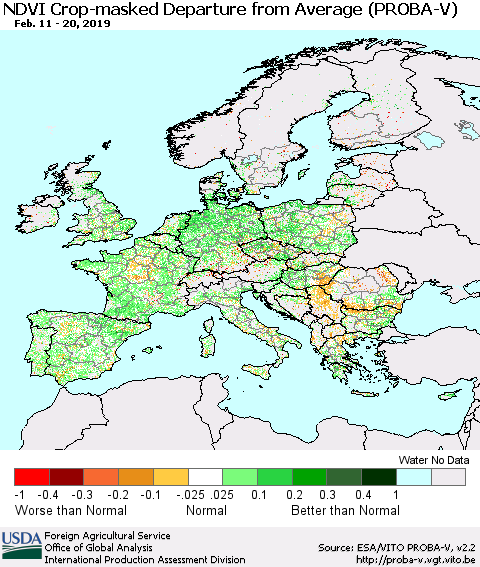 Europe NDVI Crop-masked Departure from Average (PROBA-V) Thematic Map For 2/11/2019 - 2/20/2019