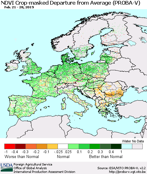 Europe NDVI Crop-masked Departure from Average (PROBA-V) Thematic Map For 2/21/2019 - 2/28/2019