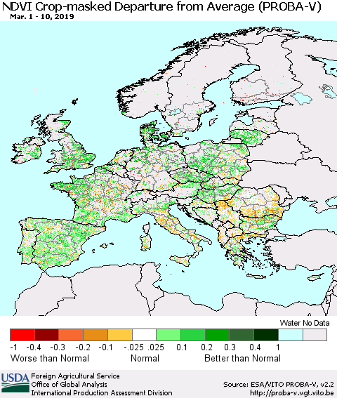 Europe NDVI Crop-masked Departure from Average (PROBA-V) Thematic Map For 3/1/2019 - 3/10/2019
