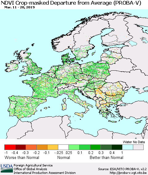 Europe NDVI Crop-masked Departure from Average (PROBA-V) Thematic Map For 3/11/2019 - 3/20/2019