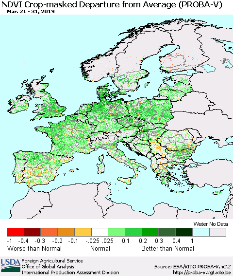 Europe NDVI Crop-masked Departure from Average (PROBA-V) Thematic Map For 3/21/2019 - 3/31/2019