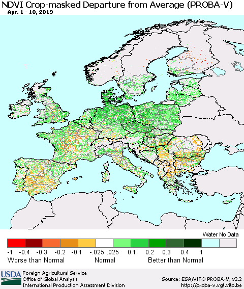 Europe NDVI Crop-masked Departure from Average (PROBA-V) Thematic Map For 4/1/2019 - 4/10/2019