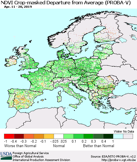 Europe NDVI Crop-masked Departure from Average (PROBA-V) Thematic Map For 4/11/2019 - 4/20/2019