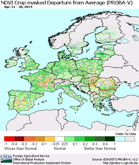 Europe NDVI Crop-masked Departure from Average (PROBA-V) Thematic Map For 4/21/2019 - 4/30/2019
