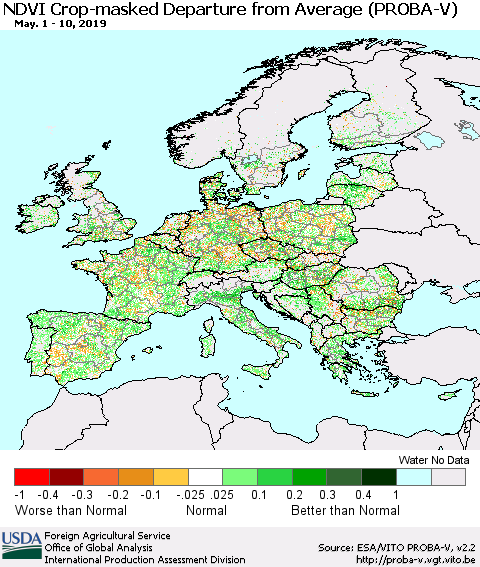 Europe NDVI Crop-masked Departure from Average (PROBA-V) Thematic Map For 5/1/2019 - 5/10/2019