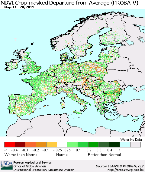 Europe NDVI Crop-masked Departure from Average (PROBA-V) Thematic Map For 5/11/2019 - 5/20/2019