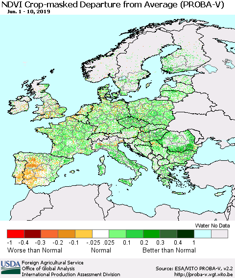 Europe NDVI Crop-masked Departure from Average (PROBA-V) Thematic Map For 6/1/2019 - 6/10/2019