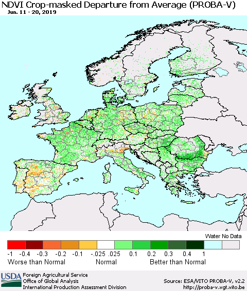 Europe NDVI Crop-masked Departure from Average (PROBA-V) Thematic Map For 6/11/2019 - 6/20/2019