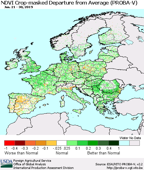 Europe NDVI Crop-masked Departure from Average (PROBA-V) Thematic Map For 6/21/2019 - 6/30/2019