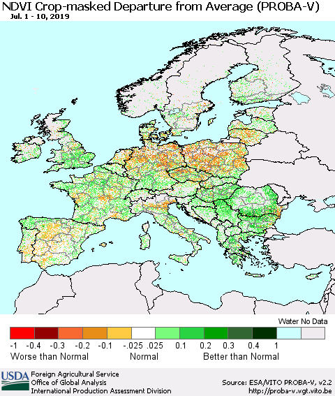 Europe NDVI Crop-masked Departure from Average (PROBA-V) Thematic Map For 7/1/2019 - 7/10/2019