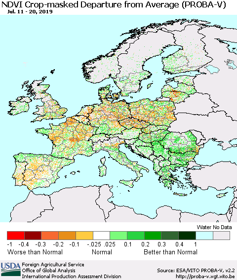 Europe NDVI Crop-masked Departure from Average (PROBA-V) Thematic Map For 7/11/2019 - 7/20/2019