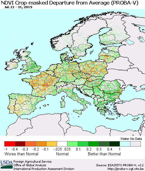 Europe NDVI Crop-masked Departure from Average (PROBA-V) Thematic Map For 7/21/2019 - 7/31/2019