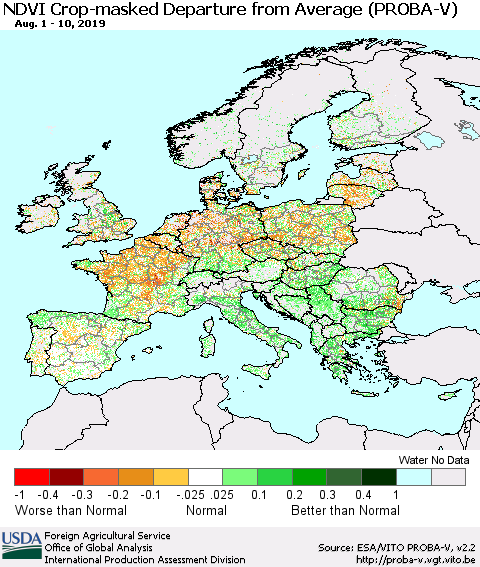 Europe NDVI Crop-masked Departure from Average (PROBA-V) Thematic Map For 8/1/2019 - 8/10/2019