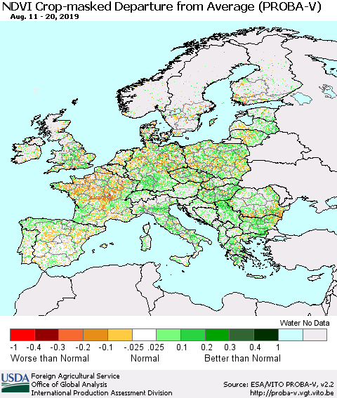 Europe NDVI Crop-masked Departure from Average (PROBA-V) Thematic Map For 8/11/2019 - 8/20/2019