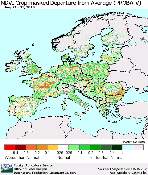 Europe NDVI Crop-masked Departure from Average (PROBA-V) Thematic Map For 8/21/2019 - 8/31/2019