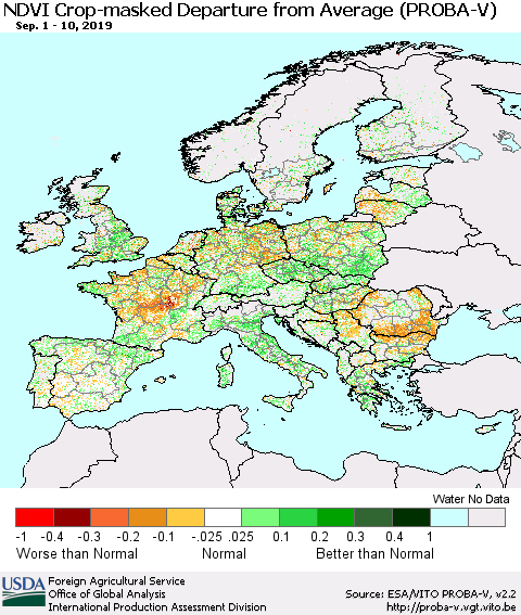 Europe NDVI Crop-masked Departure from Average (PROBA-V) Thematic Map For 9/1/2019 - 9/10/2019