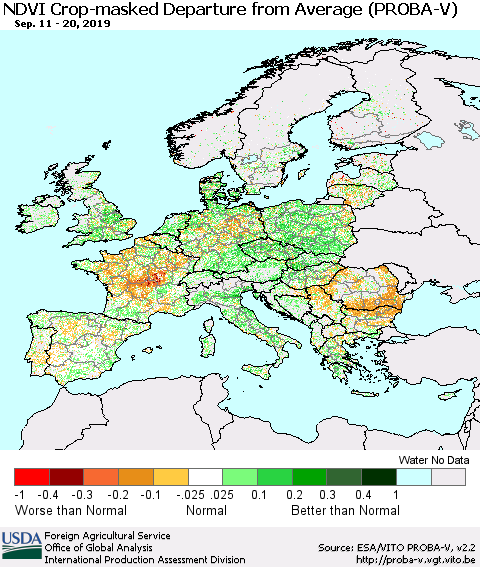 Europe NDVI Crop-masked Departure from Average (PROBA-V) Thematic Map For 9/11/2019 - 9/20/2019
