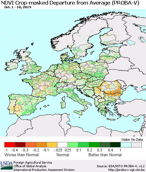 Europe NDVI Crop-masked Departure from Average (PROBA-V) Thematic Map For 10/1/2019 - 10/10/2019