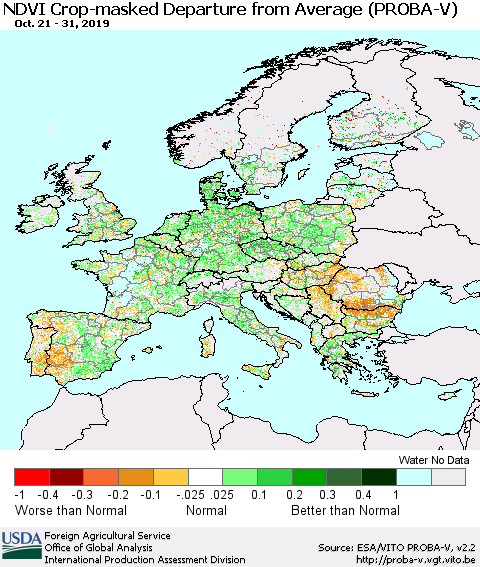 Europe NDVI Crop-masked Departure from Average (PROBA-V) Thematic Map For 10/21/2019 - 10/31/2019