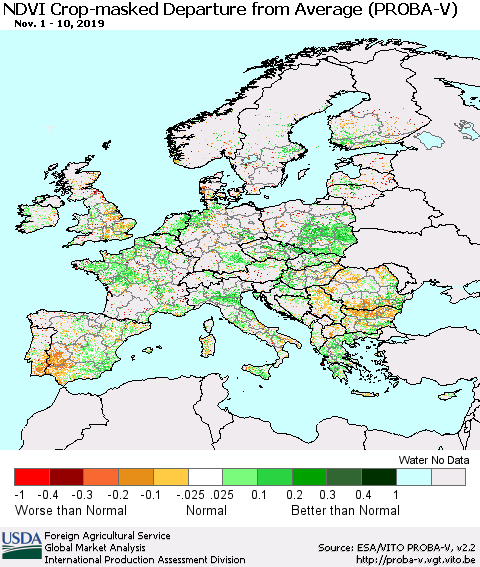 Europe NDVI Crop-masked Departure from Average (PROBA-V) Thematic Map For 11/1/2019 - 11/10/2019