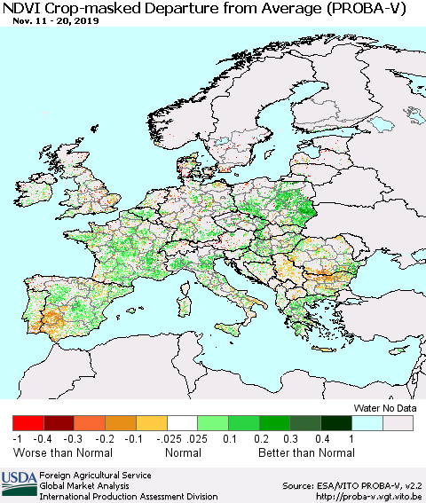 Europe NDVI Crop-masked Departure from Average (PROBA-V) Thematic Map For 11/11/2019 - 11/20/2019