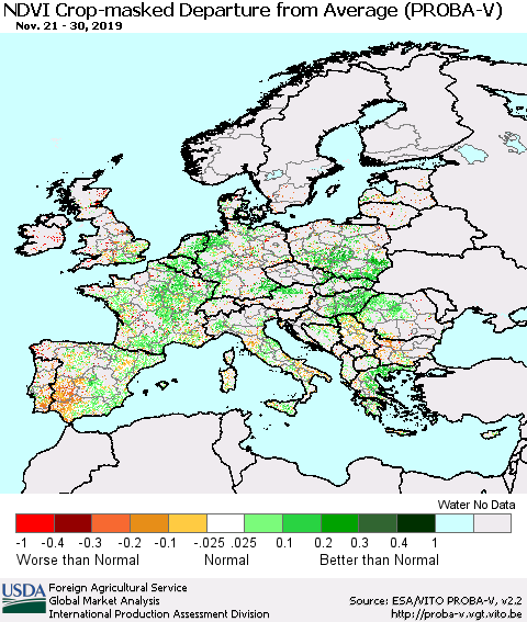 Europe NDVI Crop-masked Departure from Average (PROBA-V) Thematic Map For 11/21/2019 - 11/30/2019