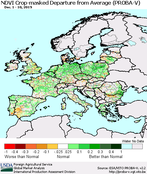 Europe NDVI Crop-masked Departure from Average (PROBA-V) Thematic Map For 12/1/2019 - 12/10/2019