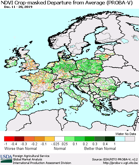 Europe NDVI Crop-masked Departure from Average (PROBA-V) Thematic Map For 12/11/2019 - 12/20/2019