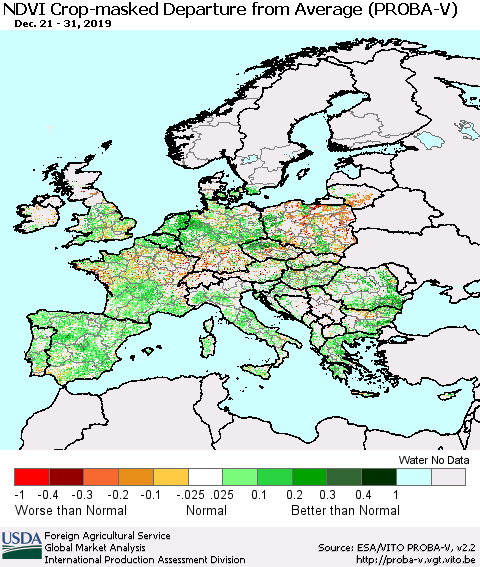 Europe NDVI Crop-masked Departure from Average (PROBA-V) Thematic Map For 12/21/2019 - 12/31/2019