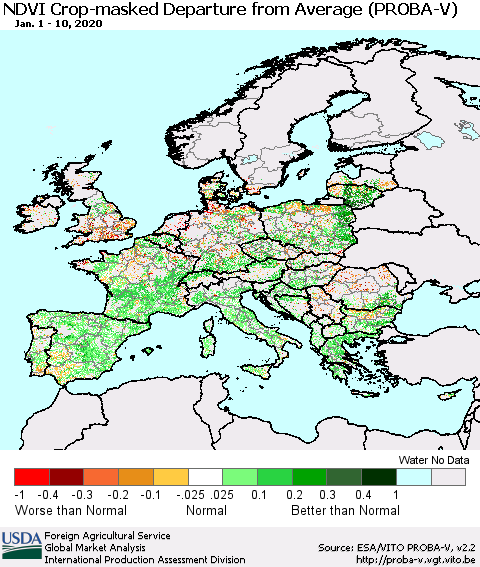 Europe NDVI Crop-masked Departure from Average (PROBA-V) Thematic Map For 1/1/2020 - 1/10/2020