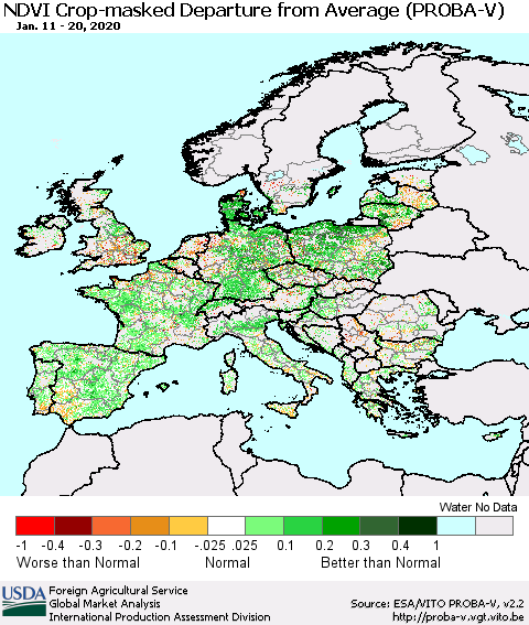 Europe NDVI Crop-masked Departure from Average (PROBA-V) Thematic Map For 1/11/2020 - 1/20/2020