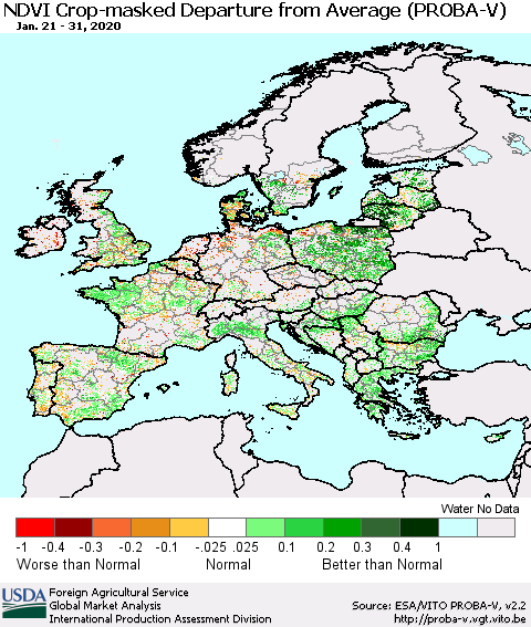 Europe NDVI Crop-masked Departure from Average (PROBA-V) Thematic Map For 1/21/2020 - 1/31/2020