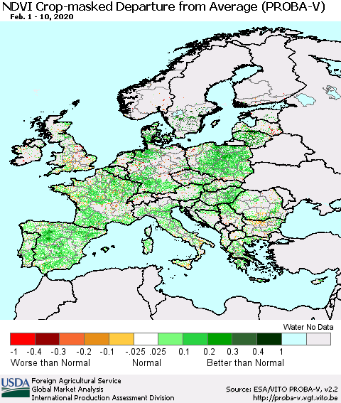 Europe NDVI Crop-masked Departure from Average (PROBA-V) Thematic Map For 2/1/2020 - 2/10/2020